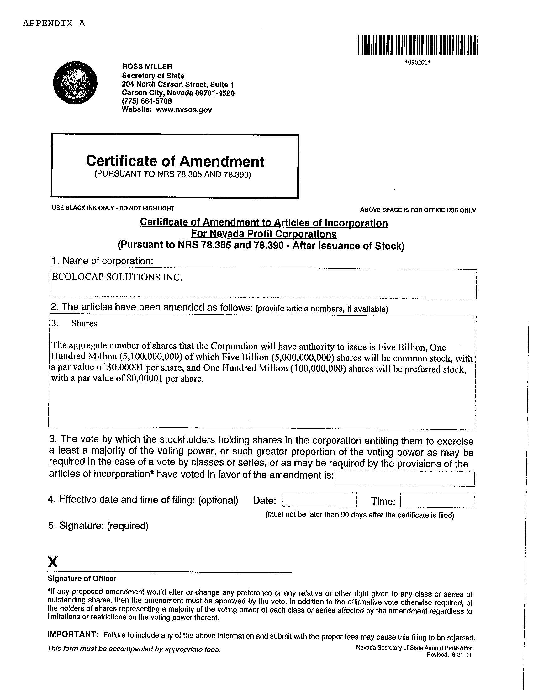 Certificate of Amended Articles of Incorporation.