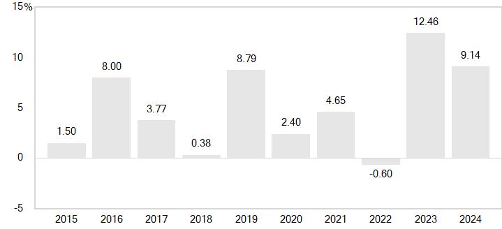 PerformanceBarChartData(2015:1.5,2016:8,2017:3.77,2018:0.38,2019:8.79,2020:2.4,2021:4.65,2022:-0.6,2023:12.46,2024:9.14)