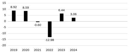 PerformanceBarChartData(2019:8.92,2020:8.59,2021:-0.6,2022:-12.98,2023:6.44,2024:3.06)