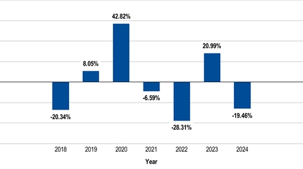 PerformanceBarChartData(2018:-20.34,2019:8.05,2020:42.82,2021:-6.59,2022:-28.31,2023:20.99,2024:-19.46)