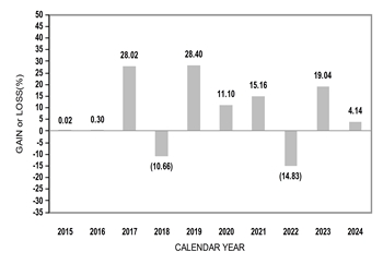 PerformanceBarChartData(2015:0.02,2016:0.3,2017:28.02,2018:-10.66,2019:28.4,2020:11.1,2021:15.16,2022:-14.83,2023:19.04,2024:4.14)
