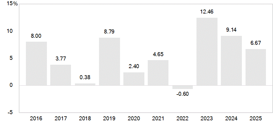 PerformanceBarChartData(2016:8,2017:3.77,2018:0.38,2019:8.79,2020:2.4,2021:4.65,2022:-0.6,2023:12.46,2024:9.14,2025:6.67)
