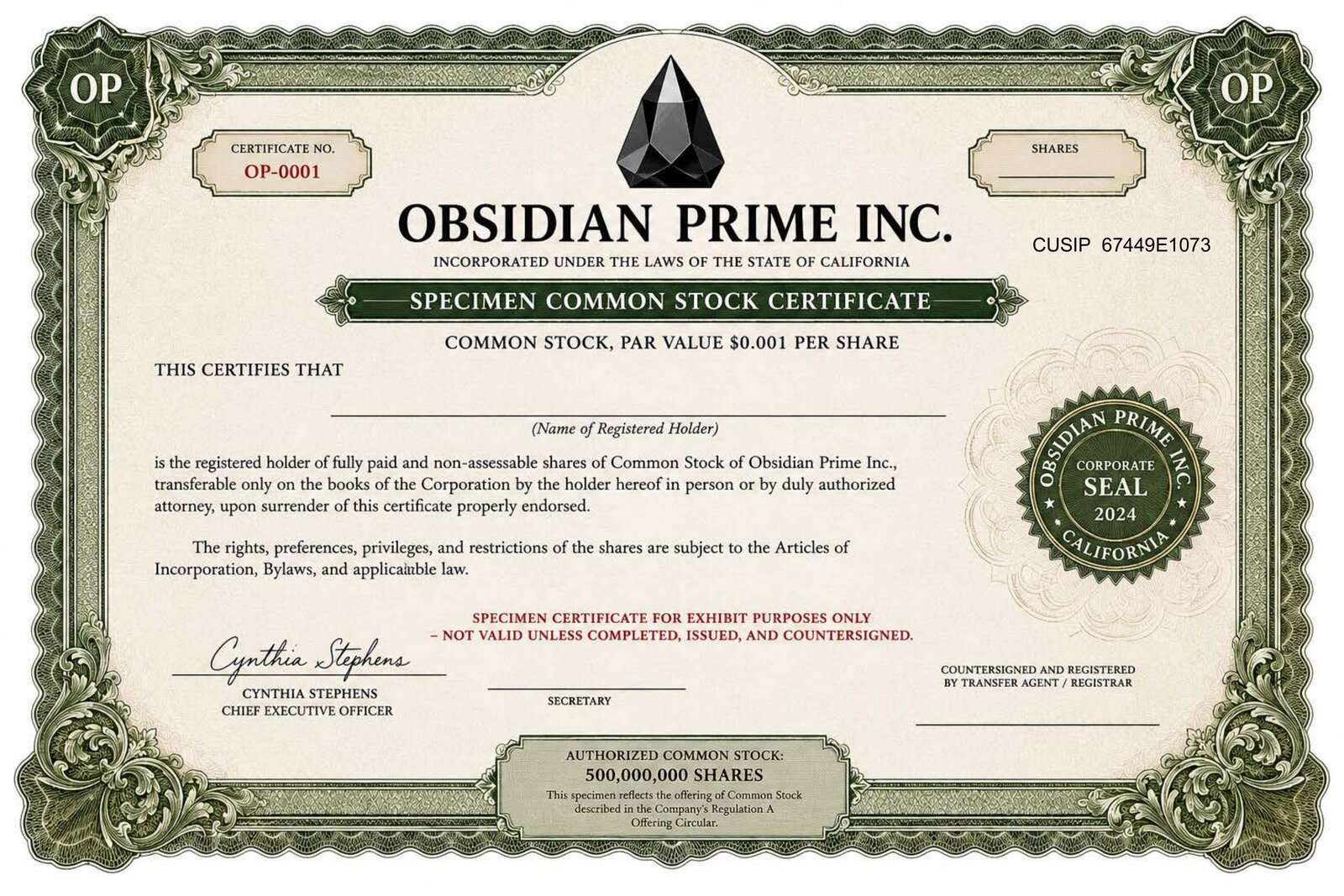 Specimen Common Stock Certificate of Obsidian Prime Inc.