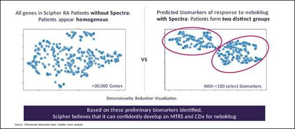 The image compares two sets of patients, one with and one without the Spectra marker, showing a clear distinction in their genetic profiles and the potential for identifying biomarkers for nebokitug treatment.

AI-generated content may be incorrect.