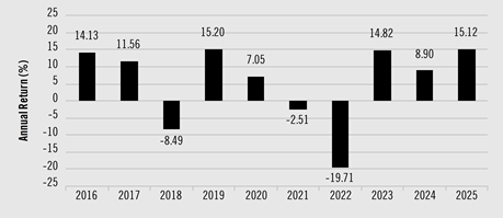 PerformanceBarChartData(2016:14.13,2017:11.56,2018:-8.49,2019:15.2,2020:7.05,2021:-2.51,2022:-19.71,2023:14.82,2024:8.9,2025:15.12)