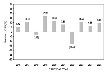 PerformanceBarChartData(2016:5.42,2017:10.78,2018:-3.1,2019:17.09,2020:11.59,2021:7.85,2022:-13.48,2023:10.44,2024:6.56,2025:9.54)