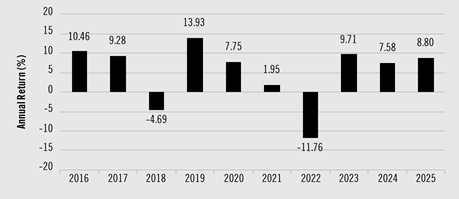 PerformanceBarChartData(2016:10.46,2017:9.28,2018:-4.69,2019:13.93,2020:7.75,2021:1.95,2022:-11.76,2023:9.71,2024:7.58,2025:8.8)
