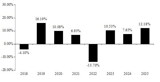 PerformanceBarChartData(2018:-4.1,2019:16.19,2020:10.08,2021:6.93,2022:-13.7,2023:10.53,2024:7.65,2025:12.18)