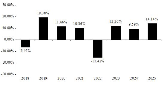PerformanceBarChartData(2018:-6.46,2019:19.38,2020:11.66,2021:10.36,2022:-15.42,2023:12.26,2024:9.59,2025:14.14)