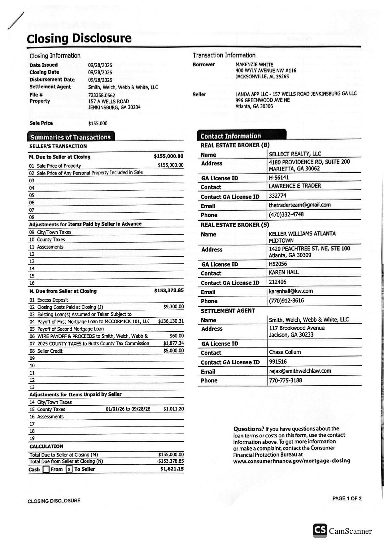 Closing Disclosure - 157 Wells Road, Jenkinsburg, GA - page 1 of 4