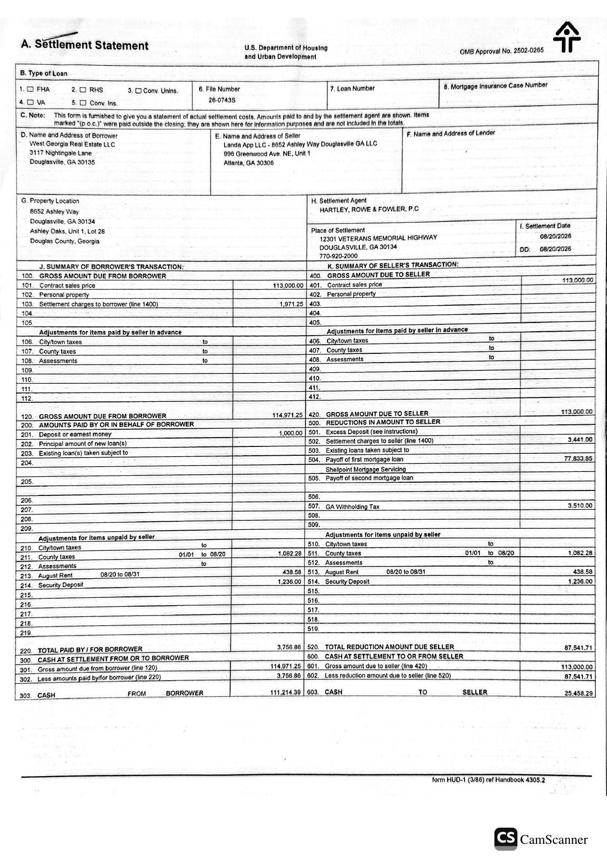 HUD-1 Settlement Statement - 8652 Ashley Way, Douglasville, GA - page 1 of 4