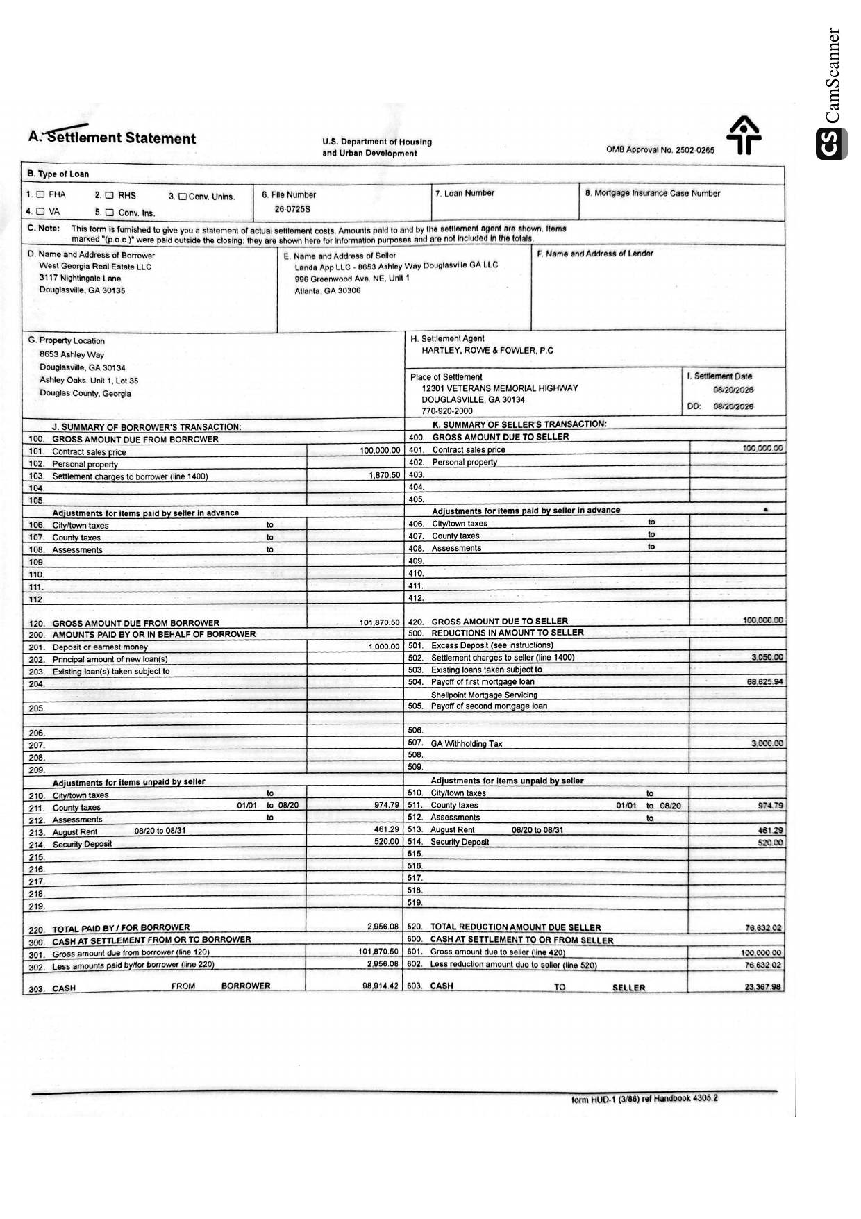 HUD-1 Settlement Statement - 8653 Ashley Way, Douglasville, GA - page 1 of 4