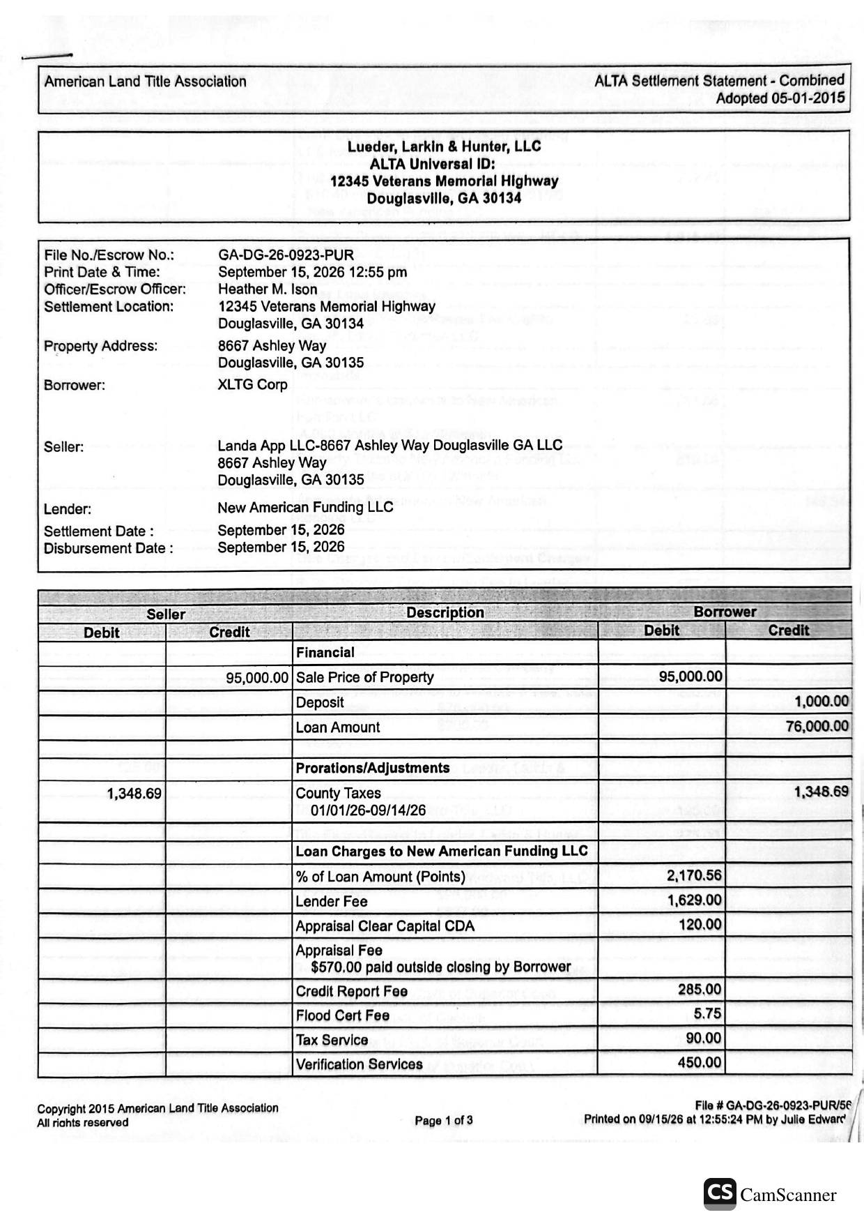 ALTA Settlement Statement - 8667 Ashley Way, Douglasville, GA - page 1 of 5