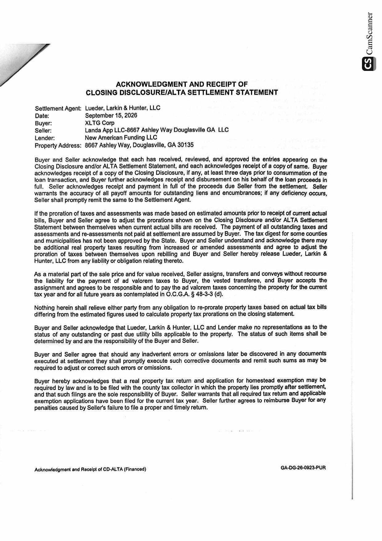 ALTA Settlement Statement - 8667 Ashley Way, Douglasville, GA - page 4 of 5