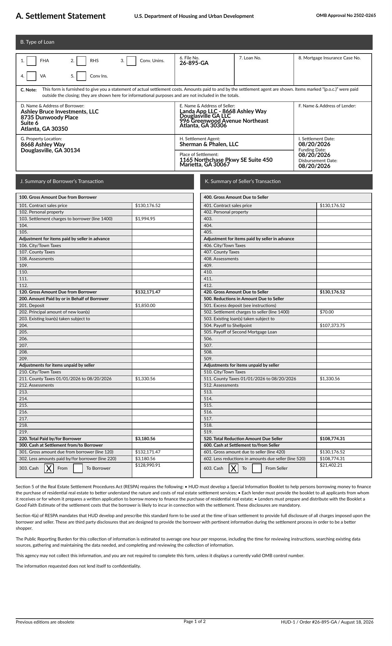 HUD-1 Settlement Statement - 8668 Ashley Way, Douglasville, GA - page 1 of 3