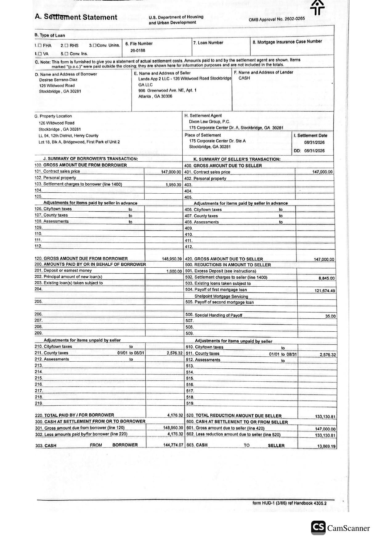 HUD-1 Settlement Statement - 126 Wildwood Road, Stockbridge, GA - page 1 of 3