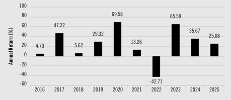 PerformanceBarChartData(2016:4.73,2017:47.22,2018:5.62,2019:29.32,2020:69.58,2021:13.26,2022:-42.71,2023:65.59,2024:35.67,2025:25.08)