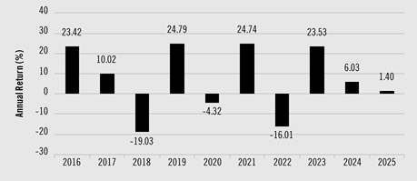PerformanceBarChartData(2016:23.42,2017:10.02,2018:-19.03,2019:24.79,2020:-4.32,2021:24.74,2022:-16.01,2023:23.53,2024:6.03,2025:1.4)