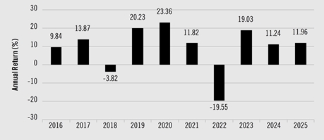 PerformanceBarChartData(2016:9.84,2017:13.87,2018:-3.82,2019:20.23,2020:23.36,2021:11.82,2022:-19.55,2023:19.03,2024:11.24,2025:11.96)