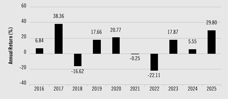 PerformanceBarChartData(2016:6.84,2017:38.36,2018:-16.62,2019:17.66,2020:20.77,2021:-0.25,2022:-22.11,2023:17.87,2024:5.55,2025:29.8)