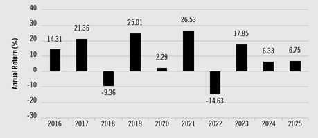 PerformanceBarChartData(2016:14.31,2017:21.36,2018:-9.36,2019:25.01,2020:2.29,2021:26.53,2022:-14.63,2023:17.85,2024:6.33,2025:6.75)