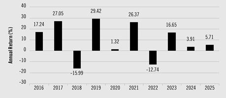 PerformanceBarChartData(2016:17.24,2017:27.05,2018:-15.99,2019:29.42,2020:1.32,2021:26.37,2022:-12.74,2023:16.65,2024:3.91,2025:5.71)